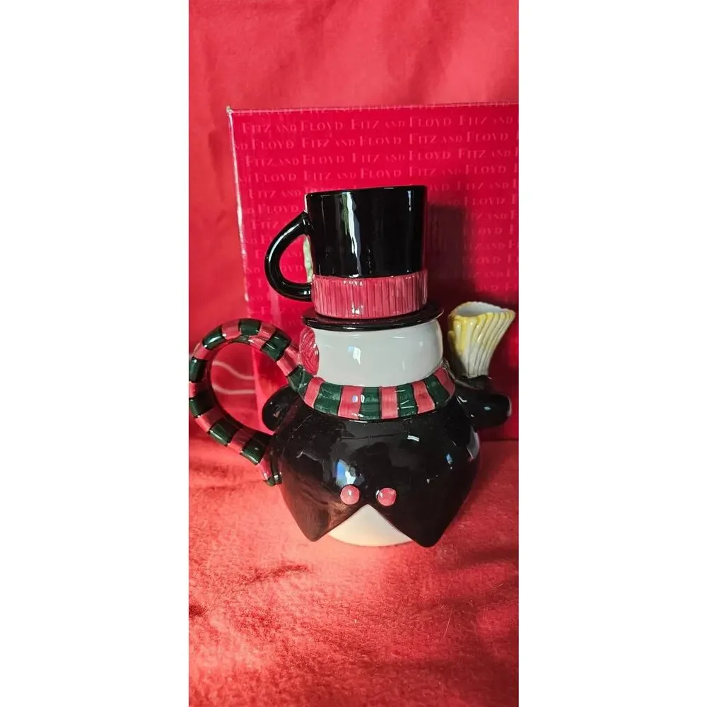 IN BOX Fitz & Floyd Snack Therapy‎ Snowman Teapot Cup Cocoa Christmas 2003